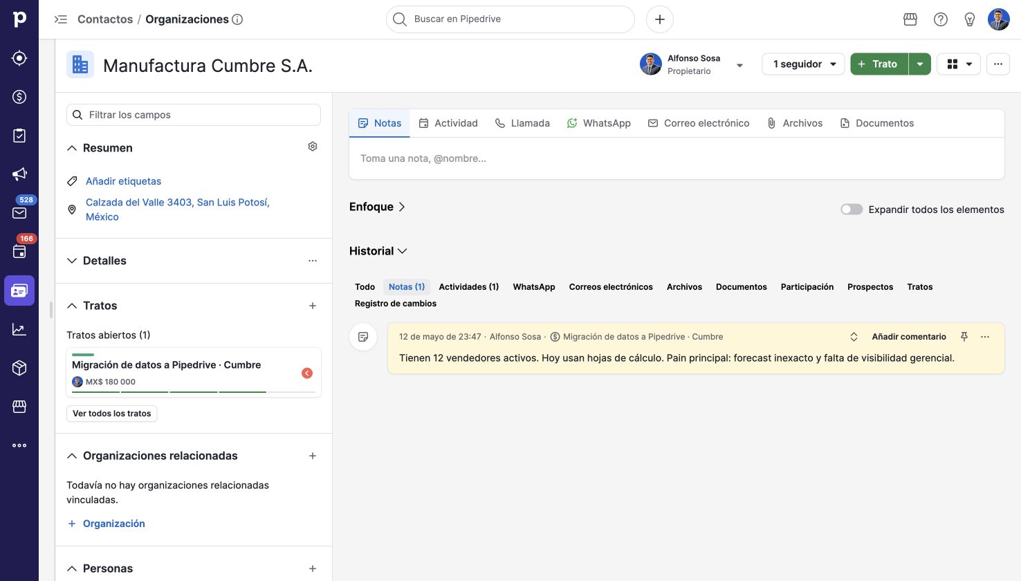 Empresa con información relacionada. Pipedrive en una cuenta de demostración.